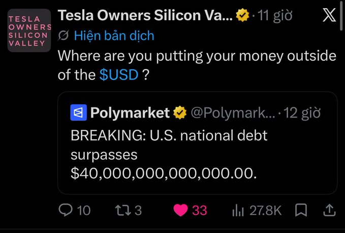 A X (Twitter) post from Tesla Owners Silicon Valley asking 'Where are you putting your money outside of the $USD?' quoting Polymarket on the U.S. national debt surpassing $40,000,000,000,000.00.