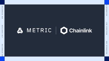 A dark navy banner with blue accent borders displays the white logos and text 'METRIC' and 'Chainlink' separated by a vertical line.