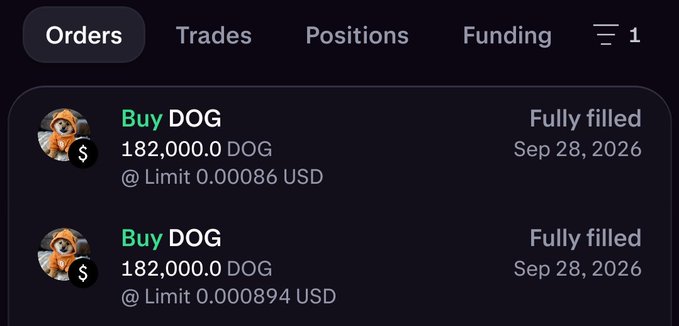 A cryptocurrency trading interface showing the 'Orders' tab with two fully filled 'Buy DOG' orders for 182,000.0 DOG at limits of 0.00086 USD and 0.000894 USD, dated Sep 28, 2026.