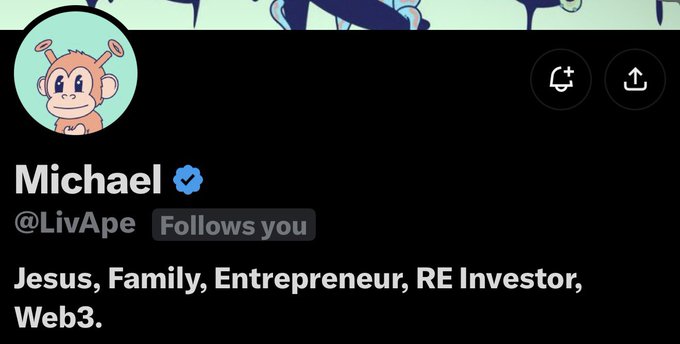 Twitter/X profile page for @LivApe (Michael), a verified user describing themselves as 'Jesus, Family, Entrepreneur, RE Investor, Web3' with a cartoon monkey profile picture.
