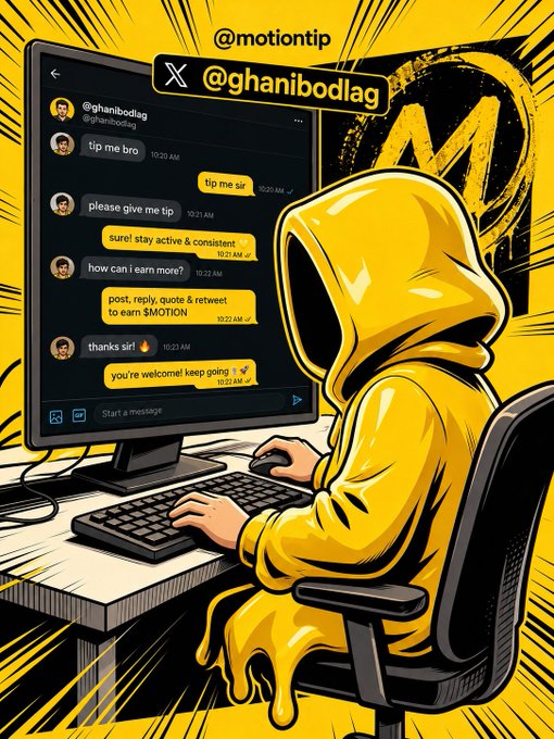 A hooded figure in a yellow robe sits at a computer displaying an X (formerly Twitter) DM conversation with @ghanibodlag and @motiontip, showing requests like "tip me bro," "tip me sir," and "please give me tip," with the user responding about $MOTION and earning through replies, quotes, and retweets. The illustration parodies the flood of tipping requests the creator receives, humorously captioned by the accompanying post as being overwhelmed by messages asking to "tip" the $MOTION project.
