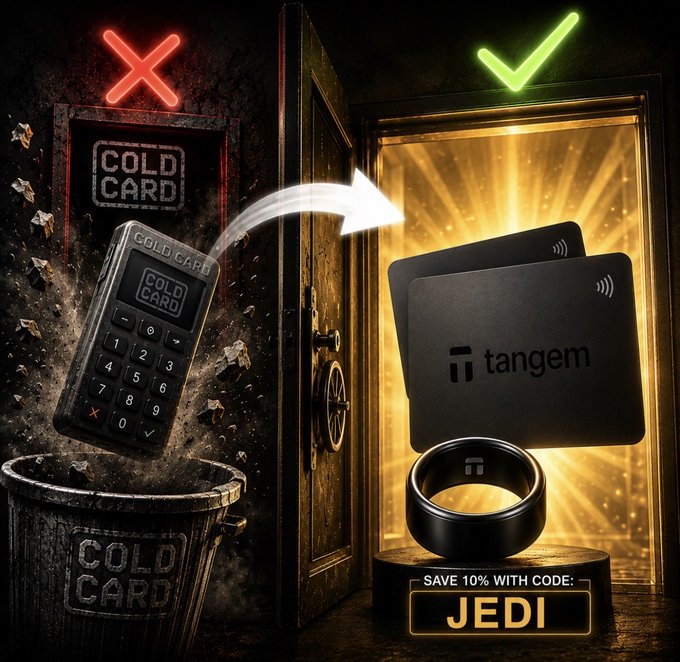 A promotional graphic contrasting an old 'Cold Card' hardware wallet being thrown away (red X) with a new Tangem card and ring (green checkmark), offering 'SAVE 10% WITH CODE: JEDI'.
