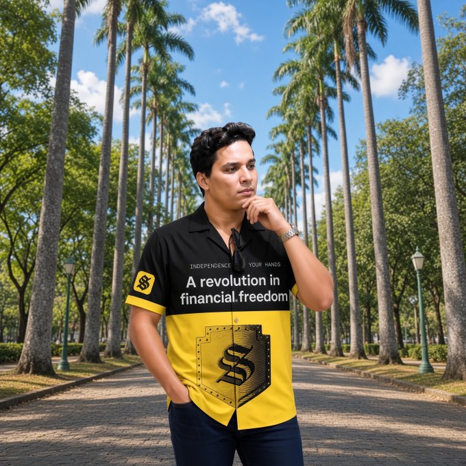 A man wearing a yellow and black shirt with the text 'INDEPENDENCE YOUR HANDS A revolution in financial freedom' stands in a park lined with tall palm trees.
