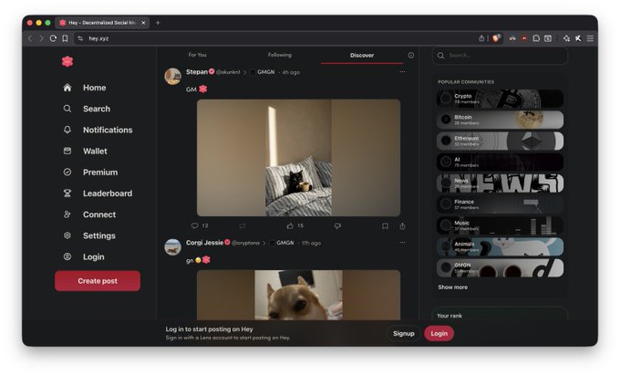 A screenshot of the Hey decentralized social media platform's Discover page, displaying posts from users like "Stepan" and "Corgi Jessie" featuring a cat and dog image, alongside community lists for Crypto, Bitcoin, Ethereum, AI, DeFi, Finance, Music, and Animals. The interface visually supports the accompanying text about Hey being a Lens Chain-based social app where posting earns $GHO tokens and Hey Points, with early user perks and revenue-driven buybacks.