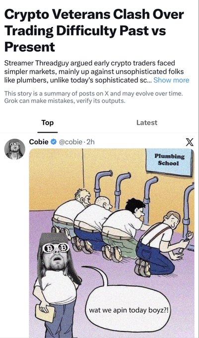 The image is a screenshot of an X post by Cobie (@cobie) sharing a "Plumbing School" meme depicting men crouched on toilets (pipes labeled "Plumbing School") with the caption "wat we apin today boyz?!". Cobie's post relates to the narrative by framing $PLUMBER as a relatable, crypto-native "plumber" concept—suggesting the meme humorously personifies the coin as an unsophisticated but endearing character, which the accompanying post claims is "the best unforced narrative" because it resonates universally with crypto culture.