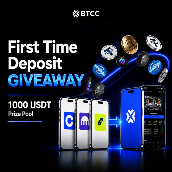 This image is a promotional advertisement for BTCC's "First Time Deposit GIVEAWAY" featuring a 1000 USDT prize pool, with three smartphones displaying various crypto app icons directing an arrow toward a phone showing the BTCC platform. The "Reminder, end on this Friday" caption aligns with the promotional nature of the image, emphasizing the giveaway's limited-time nature and urging viewers to act before the deadline.