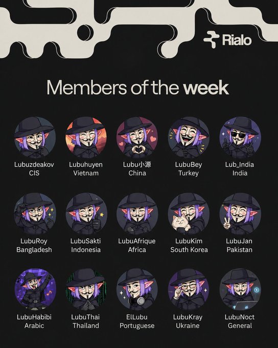 A 'Members of the week' graphic from Rialo features cartoon wizard avatars representing various regional communities like Lubuzdeakov CIS, Lubuhuyen Vietnam, LubuIndia, and more.