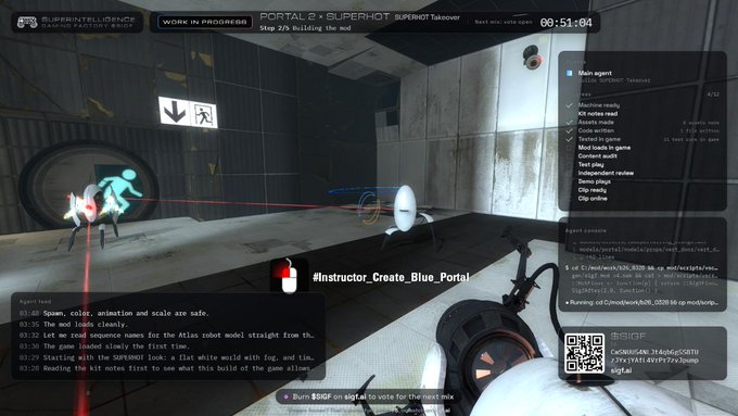 A screenshot from a Portal 2 speedrun broadcast ('PORTAL 2 SUPERHOT') at 00:51:04, showing gameplay in the SUPERHOT Takeover mod with agent console output, a QR code, and donation links visible.