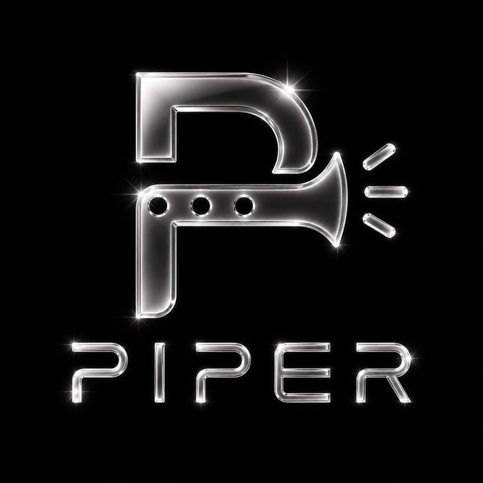 A silver metallic logo featuring a stylized letter 'P' that incorporates a trumpet/horn design, with the word 'PIPER' displayed below on a black background.