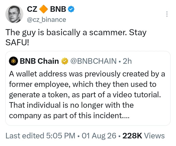 A tweet from CZ BNB (@cz_binance) reading 'The guy is basically a scammer. Stay SAFU!' quoting BNB Chain's statement about a former employee creating a wallet address to generate a token.