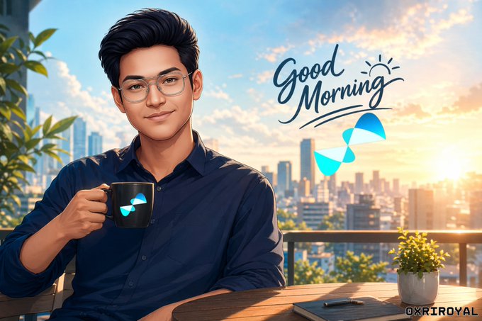 The image features a man sitting at a table with his legs crossed, holding a coffee cup and smiling for the camera. The background shows an outdoor scene of buildings and trees, suggesting that he might be enjoying his morning coffee while taking in the view. The caption reads "Good Morning fam", which implies that it is a greeting or message related to mornings. The image also includes a reference to @quipnetwork, possibly indicating a connection between the man's coffee break and an online platform or service.