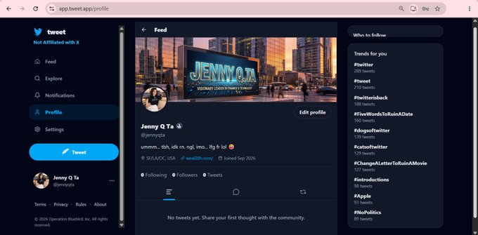 The image shows a tweet.app profile page for Jenny Q Ta (@JennyQTa), featuring a profile banner with "JENNY Q TA" displayed on a Times Square-style billboard and an empty feed indicating no tweets yet. The post from tweet.app explains they set up the profile in Jenny's name and on her card to support the trademark crew that won rights to "tweet" from Elon/Twitter.