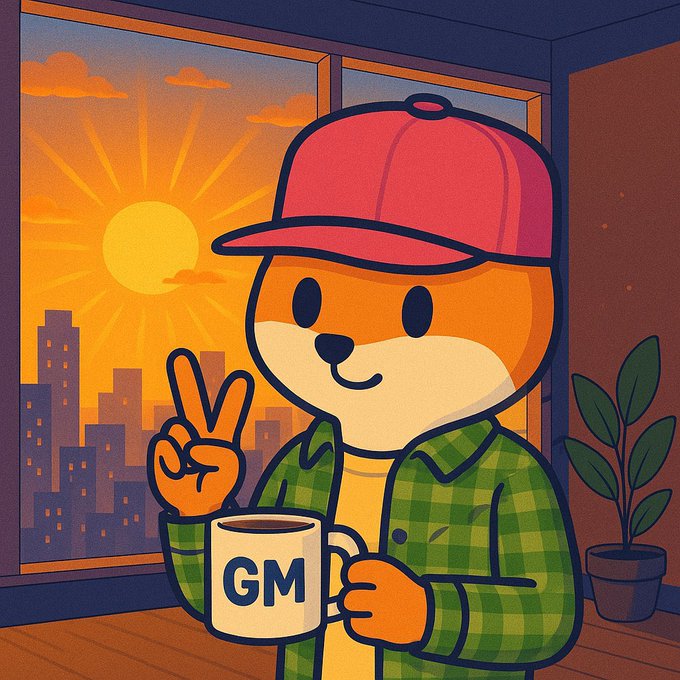 A cartoon fox wearing a red cap and green plaid shirt holds a mug labeled "GM" and flashes a peace sign, with a sunrise and cityscape glowing through the window behind him—visually matching the post's upbeat "Good morning fam" vibe and symbolizing a fresh start to the new week.