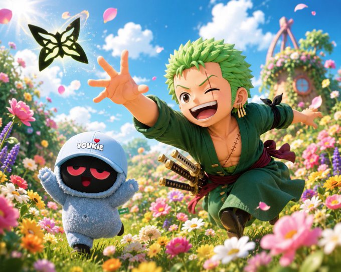 The image features a cartoon character, likely from the animated series "@quip", standing in a field of flowers with a bird flying above them. The character appears to be waving at someone who is not visible in the photo. The background includes a blue sky and various types of flowers, creating a vibrant and colorful scene. The post that accompanies this image reads: "Good night Still thinking about @quip network".