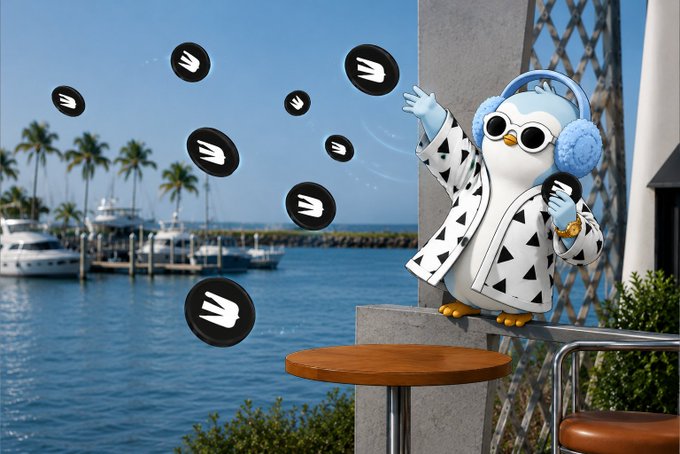 A cartoon penguin character wearing a fluffy blue hat, headphones, sunglasses, and a geometric-patterned jacket, waving while sitting at a table by a waterfront with floating black bird icons in the air.