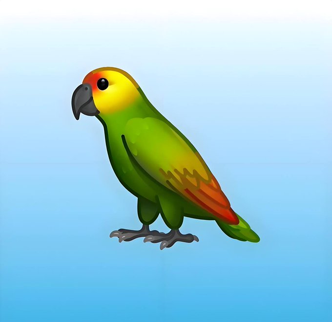 A colorful cartoon illustration of a green parrot with a yellow and orange face, red-tipped wings, and a black beak, standing against a blue gradient background.