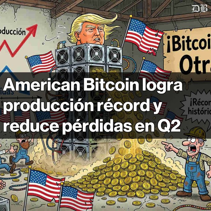 Cartoon illustration depicting American Bitcoin mining with the text 'American Bitcoin logra producción récord y reduce pérdidas en Q2'.