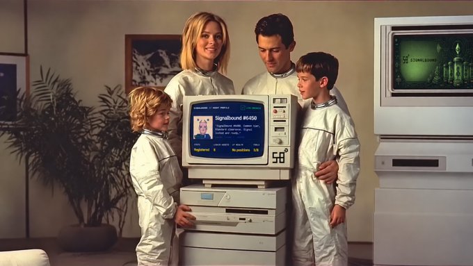 A retro-style photo shows a family of four in matching silver tracksuits posing with a vintage desktop computer displaying 'Signalbound #6450' on its CRT monitor, with an old CD-ROM tower unit beside them.