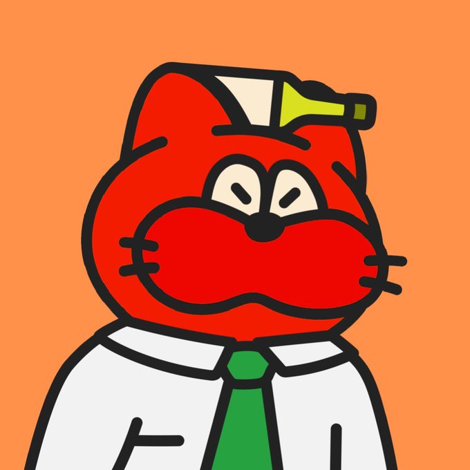A cartoon illustration of an angry red cat character wearing a white shirt and green tie with a small horn on its head, set against an orange background.