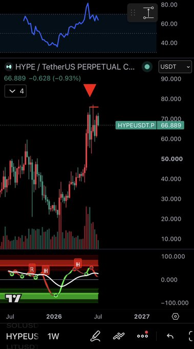 A TradingView weekly chart of HYPE/USDT Perpetual shows the price at 66.889, down 0.93%, with a red bearish arrow indicating a potential sell signal on the momentum indicator below the price action. The chart supports the poster's question about selling more spot HYPE, as the recent red signal and overhead rejection near 70 suggest downside pressure.