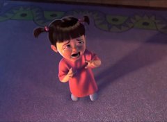 A young girl with pigtails in a red dress appears frightened, standing in a dimly lit scene that looks like a still from an animated film.