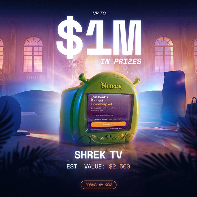 This image displays a "Shrek TV" valued at an estimated $2,500, part of a giveaway with up to $1 million in prizes from Bonkplay.com.