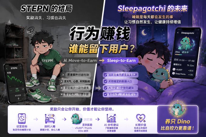 A Chinese promotional graphic comparing STEPN's Move-to-Earn decline with Sleepagotchi's Sleep-to-Earn model, featuring cartoon characters and the tagline '行为赚钱 谁能留下用户?' (Behavior to earn money, who can keep users?).