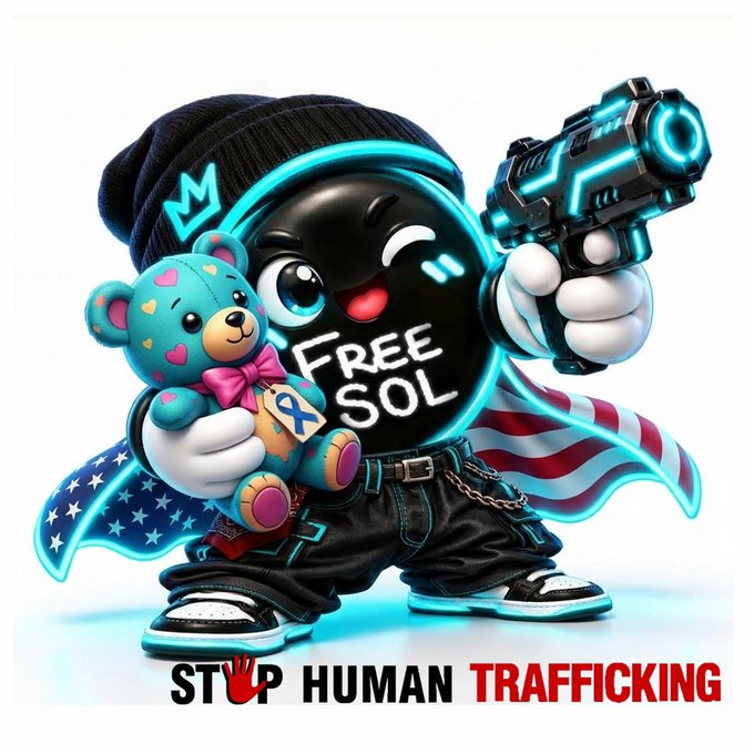 A cartoon mascot character wearing a beanie holds a teddy bear and a glowing blue gun, displaying 'FREE SOL' on its chest and 'STOP HUMAN TRAFFICKING' at the bottom with a red hand over the O.