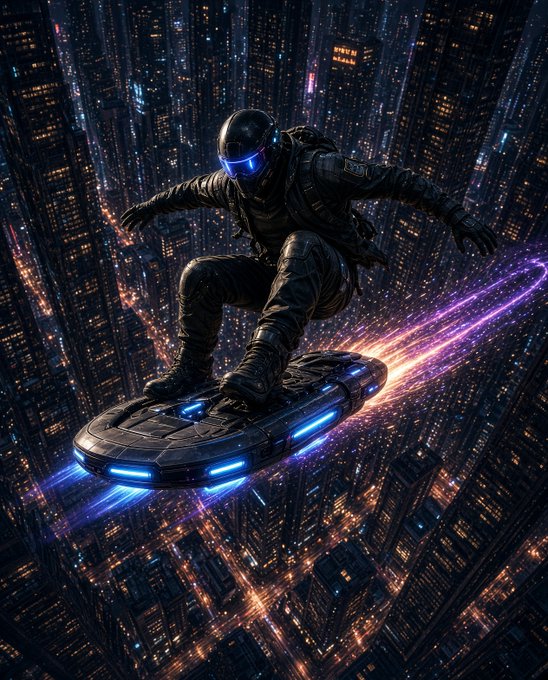 A futuristic soldier in black armor with glowing blue goggles rides a hoverboard with neon purple and blue thrusters over a nighttime cityscape.