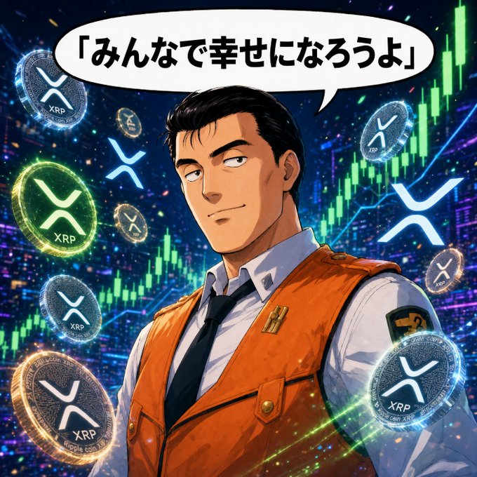An anime-style illustration depicts a man in an orange vest surrounded by glowing XRP cryptocurrency logos and green trading charts, with a speech bubble containing Japanese text reading '「みんなで幸せになろうよ」'.