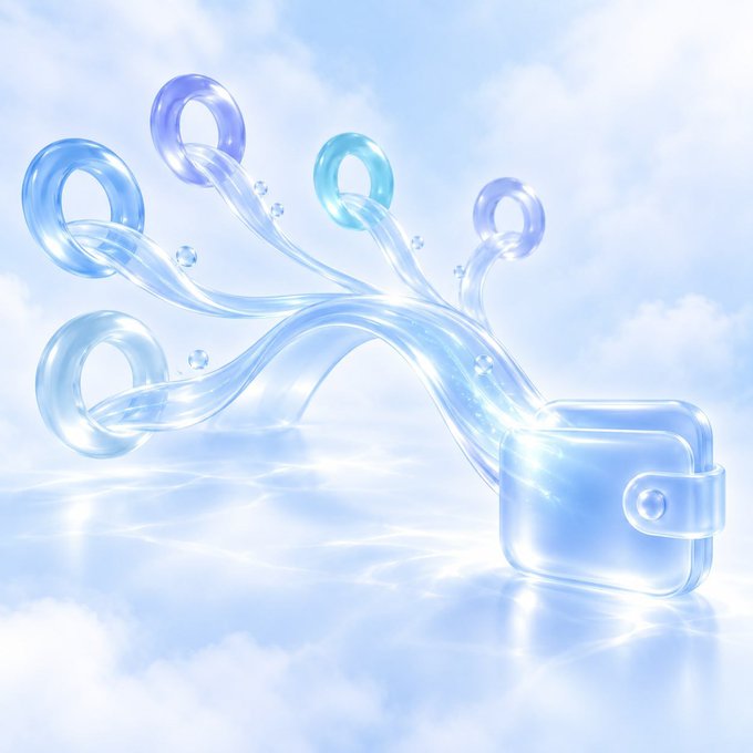 A surreal 3D render features translucent blue, bubble-like tubes emerging from a stylized wallet against a soft cloudy sky background.