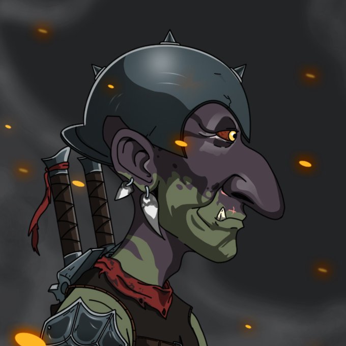 A digital illustration of a goblin-like character with green skin, a spiked helmet, large pointed ears with earrings, and weapons strapped to its back, set against a dark background with glowing orange embers.