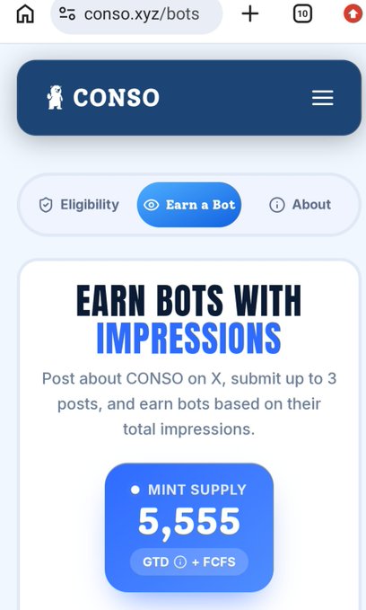 A mobile browser screenshot of the conso.xyz/bots page, showing an 'Earn a Bot' tab with instructions to post about CONSO on X, and a 'Mint Supply 5,555' indicator.