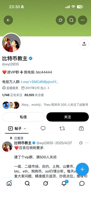 Screenshot of a Chinese social media profile for "比特币教主" (@wyl2035), a verified crypto influencer with 65,105 followers promoting a VIP group and trading signals (btc, eth, doge, sol analysis), allegedly known for running fake crypto giveaway scams to followers.