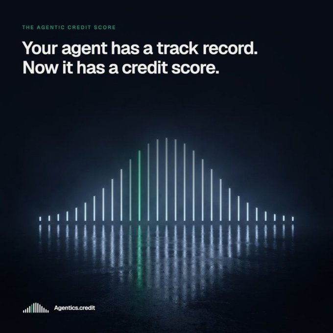 A dark promotional graphic titled "THE AGENTIC CREDIT SCORE" with the text "Your agent has a track record. Now it has a credit score." above a glowing bar chart and the Agentics.credit logo.
