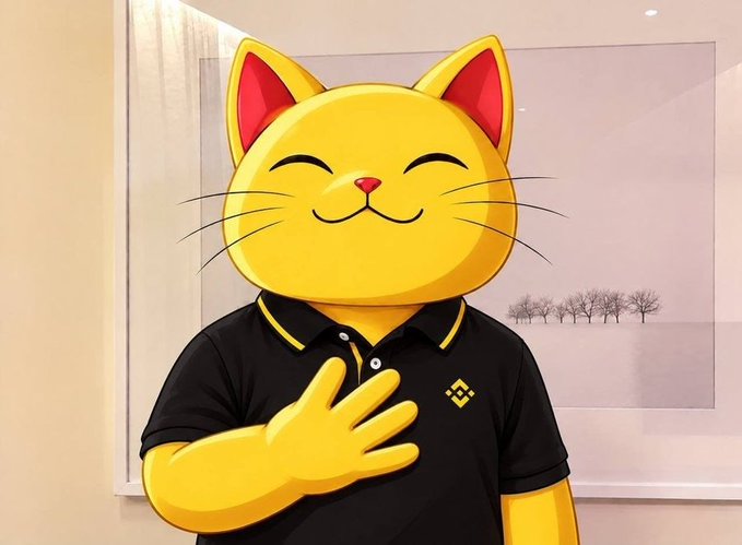 A cheerful golden cartoon cat mascot in a black polo shirt with a Binance-style logo places its paw over its heart in a welcoming gesture, visually representing the "Golden Wealth Cat" ($招财猫/Zhao Cai Mao) token being promoted as a leading BNB Chain cat-themed runner.