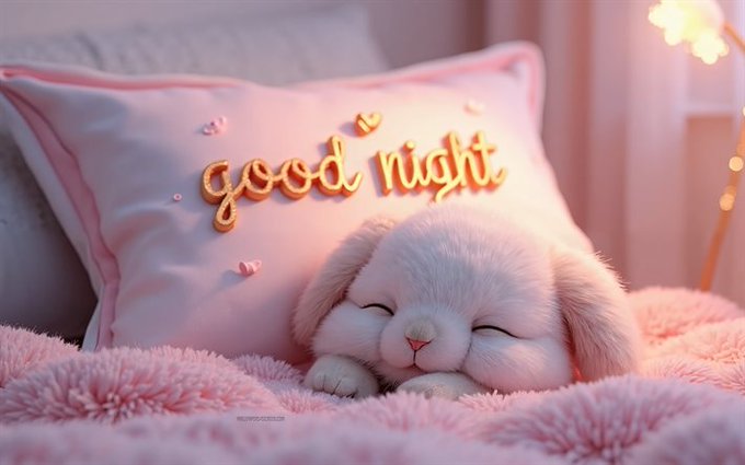A 3D-rendered scene of a small fluffy white bunny sleeping on a pink textured blanket, positioned in front of a pink pillow with "good night" written in yellow lettering.