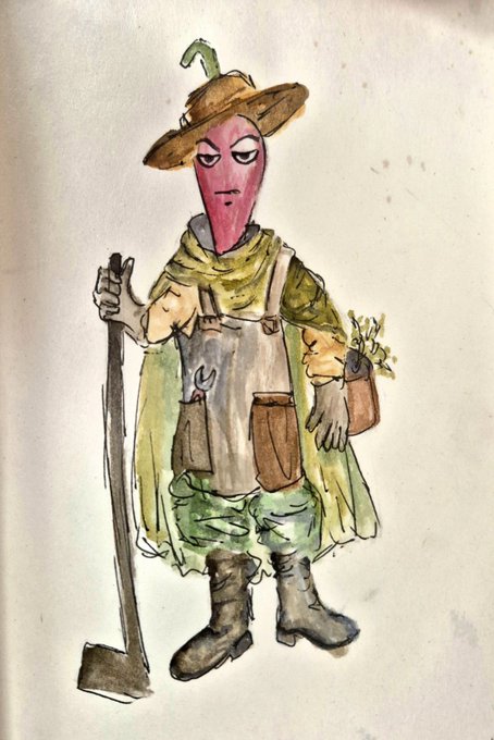A watercolor painting of an anthropomorphic pink pepper character wearing a straw hat, green cloak, apron, and boots, holding a shovel and a small plant.