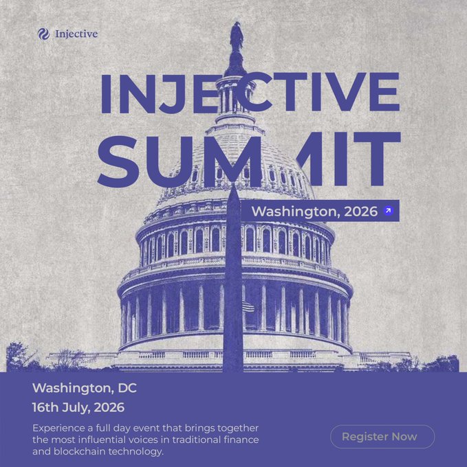 Promotional graphic for the "Injective Summit" taking place in Washington, DC on 16th July 2026, featuring the U.S. Capitol dome in blue tones with the Injective logo, a "Register Now" button, and text describing a full-day event uniting influential voices in traditional finance and blockchain technology.

The image relates to the post by announcing the upcoming $INJ summit, confirming the Washington, DC location and the excitement the poster expresses about the event being just days away.