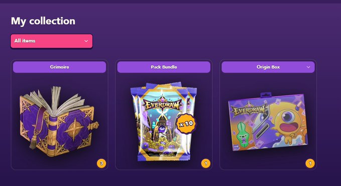 Screenshot of a 'My collection' page from a game called 'EverdraW' showing items including a 'Grimoire', 'Pack Bundle', and 'Origin Box'.