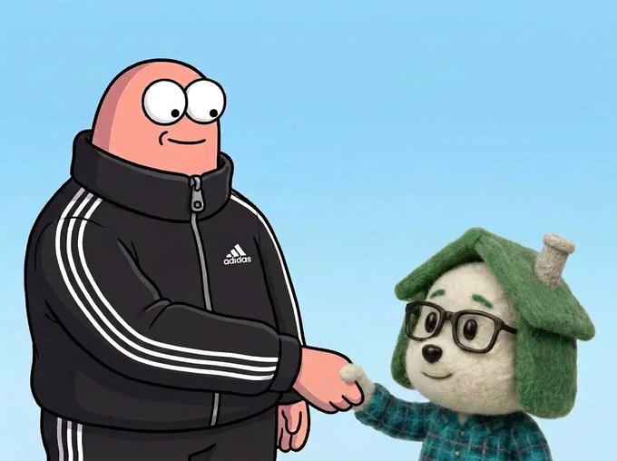 A cartoon illustration of a bald man in an Adidas track jacket shaking hands with a small dog character wearing glasses and a green hat.