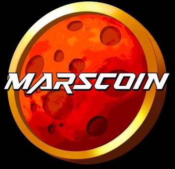 A digital logo for 'MARSCOIN' featuring a red, cratered planet resembling Mars encircled by a thick gold ring against a black background.