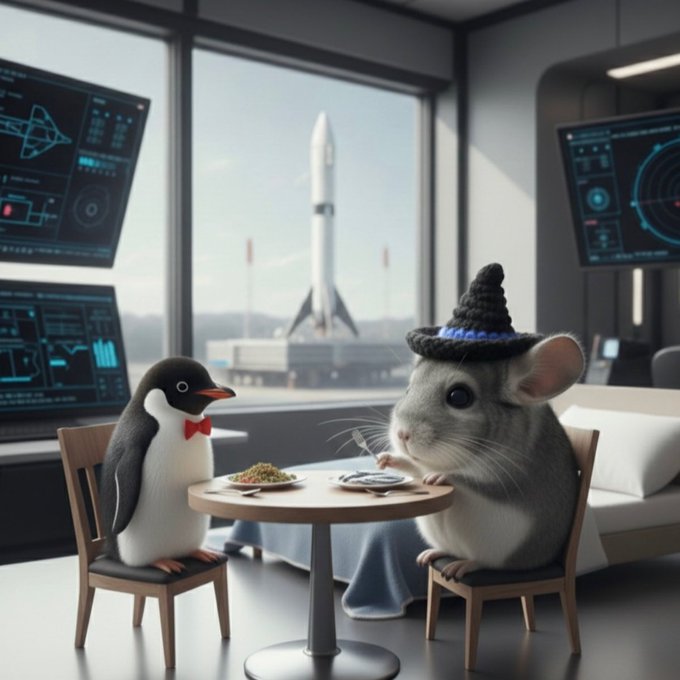 The image features a penguin sitting at a table with a small chinchilla wearing a witch hat. The two animals are enjoying dinner together, with plates of food placed between them. A TV screen can be seen in the background, suggesting that they might be dining in front of it or watching something while eating. The post also mentions Bitcoin and its value dropping, which could potentially affect the financial situation of these characters.