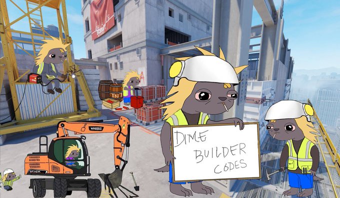 An animated illustration of anthropomorphic animal construction workers, with one holding a whiteboard reading 'Dime Builder Codes' at a construction site with an excavator.