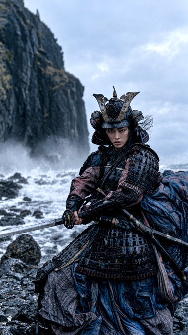 A person in elaborate samurai armor and a horned helmet stands on a rocky shore holding a katana sword, with ocean cliffs in the background.