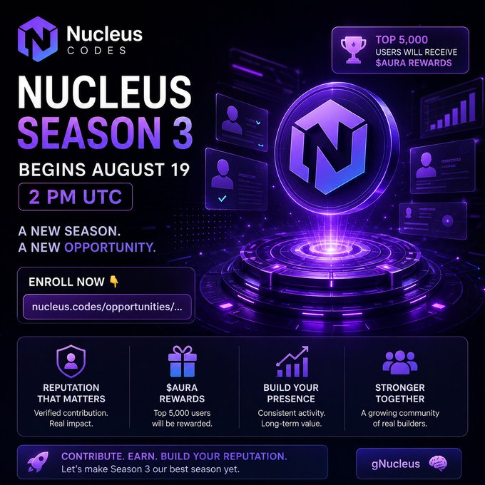 A promotional graphic for 'Nucleus Codes' announcing 'Nucleus Season 3' beginning August 19 at 2 PM UTC, highlighting features like '$AURA Rewards' for the top 5,000 users and the website nucleus.codes/opportunities/.