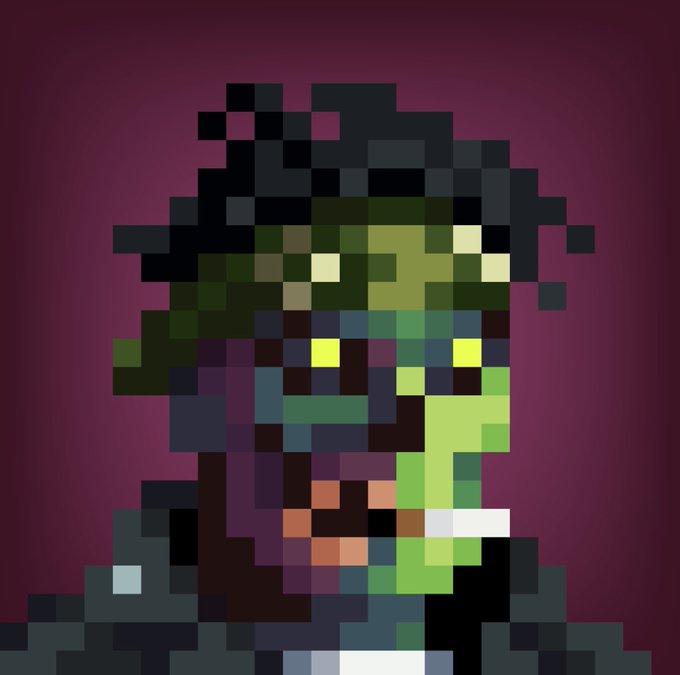 A heavily pixelated, mosaic-style portrait of a person with greenish skin against a dark red background.