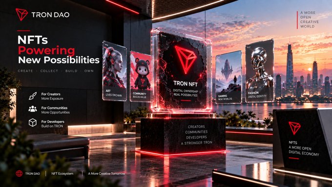 A promotional banner for TRON DAO titled 'NFTs Powering New Possibilities,' displaying NFT categories including Art, Community, Gaming, and Fashion, with text 'CREATE · COLLECT · BUILD · OWN'.