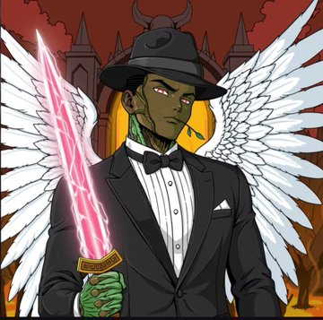 A digital illustration of a green-skinned demon character in a black suit and fedora with white angel wings, holding a glowing pink lightning sword against a gothic castle background.