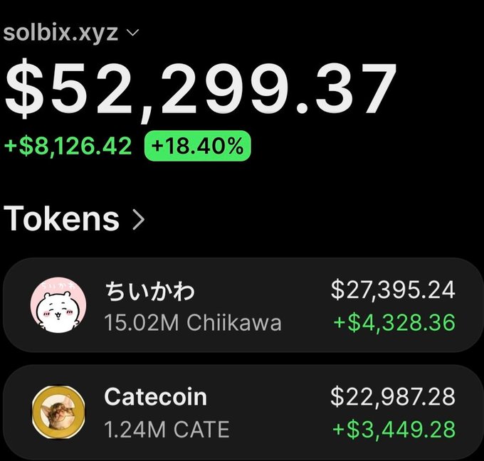A screenshot of a Solana wallet tracker (solbix.xyz) showing a portfolio value of $52,299.37 with an 18.40% gain (+$8,126.42), featuring two token holdings: 15.02M Chiikawa valued at $27,395.24 and 1.24M Catecoin (CATE) valued at $22,987.28, illustrating the Catecoin profits highlighted in the post.